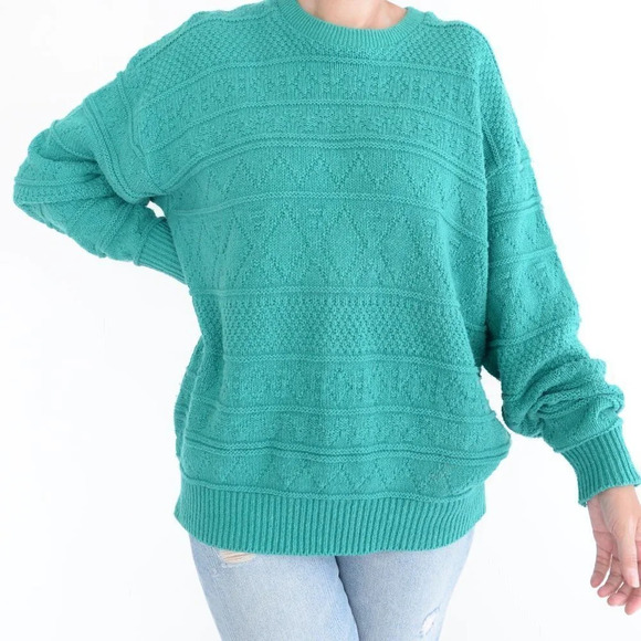 Vintage Parkhurts Teal 60% Cotton Knit Crewneck Sweater Size Large - Picture 1 of 12